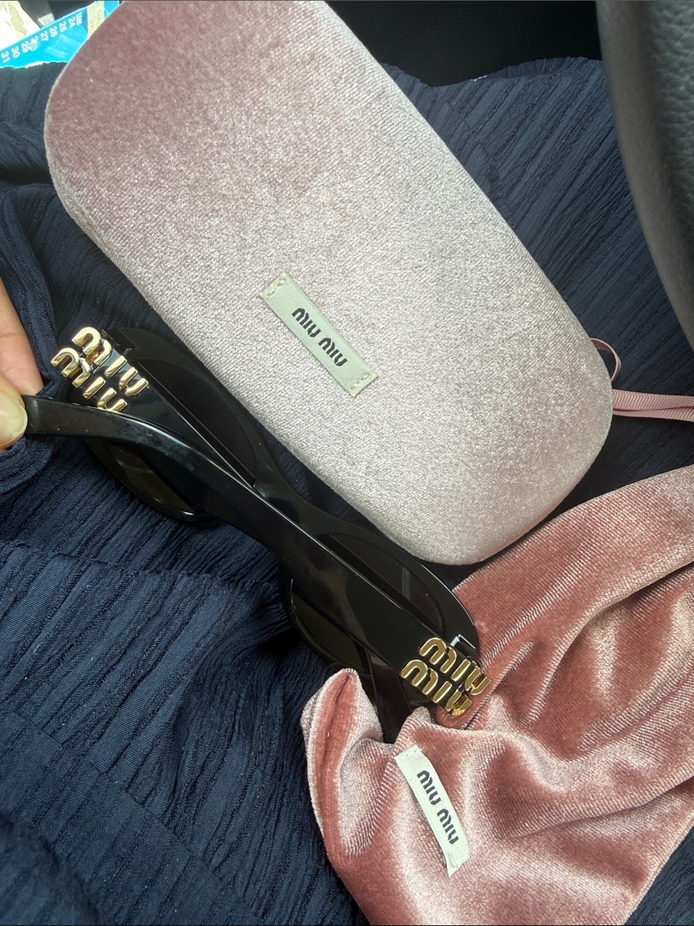 Authentic Miu Miu Black Sunglasses with Pink Velvet Sunglasses Case with Matchin - Picture 2 of 3